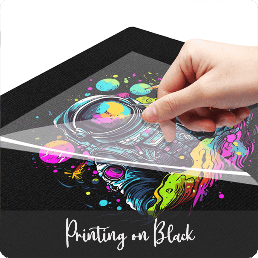 DTF on dark garments, vibrant transfers on black fabric, high opacity white underbase printing, full color prints on dark shirts