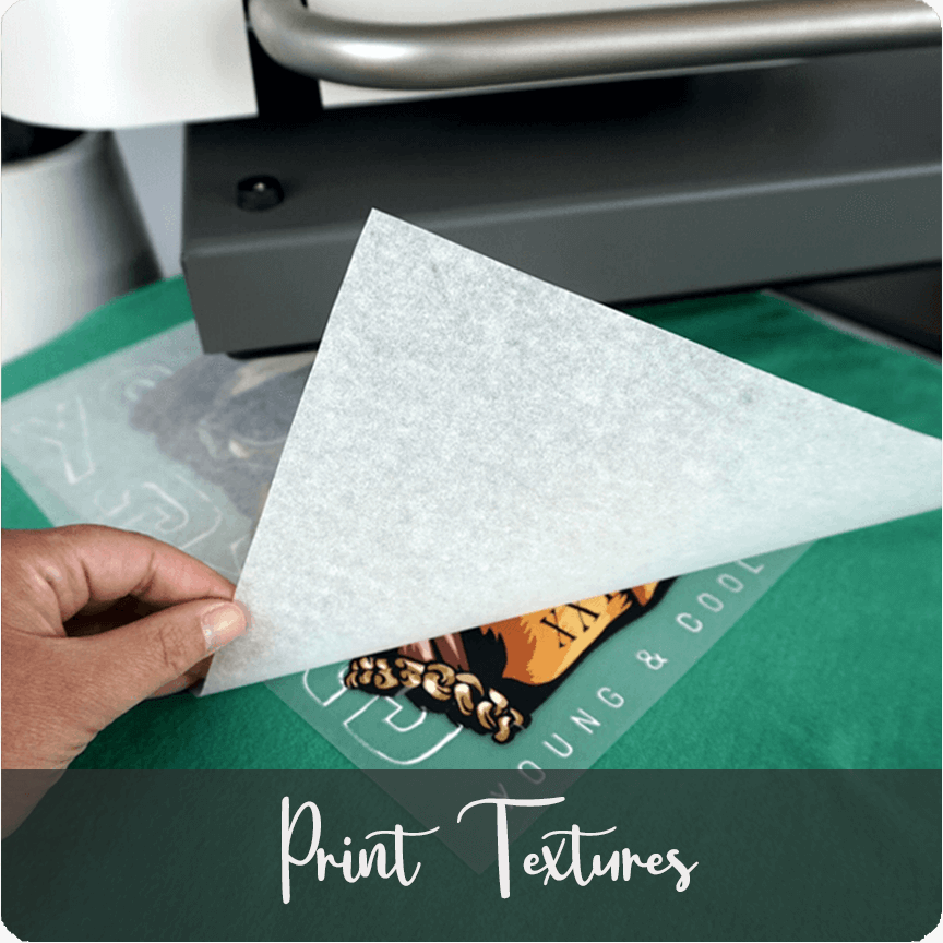 DTF textures and effects, specialty finish printing, texture-rich transfer prints, custom print detail close-up