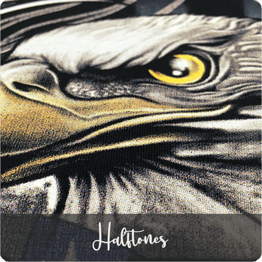 halftone printing examples, DTF halftone detail, smooth gradients in transfer prints, fine dot resolution printing